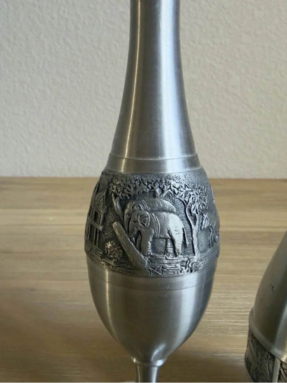 Vintage Pewter Skinny Bud Vases And Pitcher 8” and 6” Tall Silver Color Set of 2
